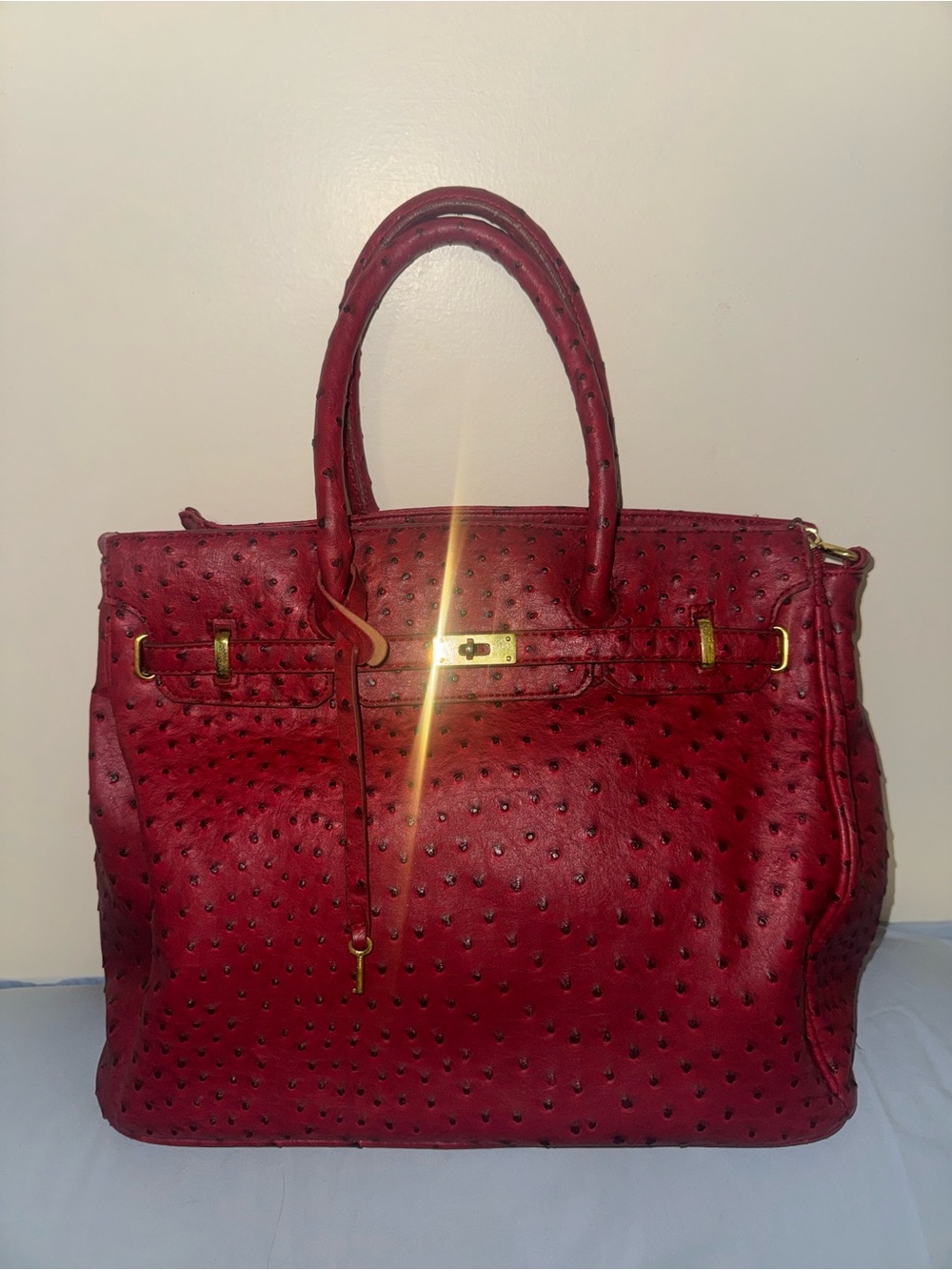 Red Ostrich Embossed Satchel Handbag with Lock and Strap with multiple pockets